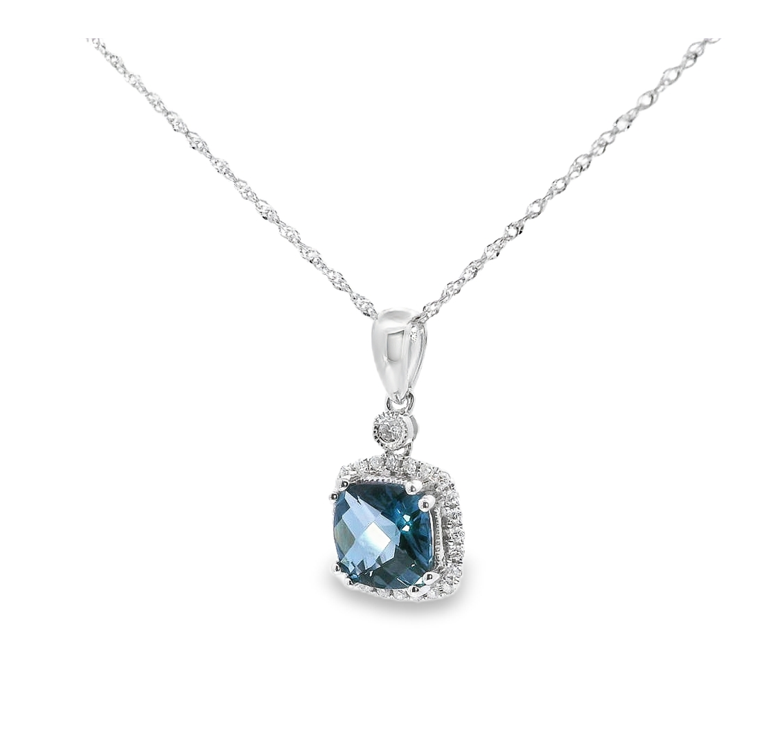 14K White Gold Diamond And London Blue Pendant Necklace
