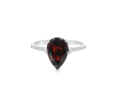 14K White Gold Pear Shaped Diamond And Garnet Fashion Ring