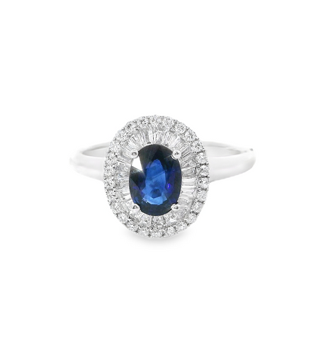 14K White Gold, Diamond And Sapphire Oval Shaped Fashion Ring