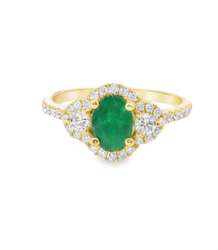 14K Yellow Gold Emerald And Diamond Accented Fashion Ring