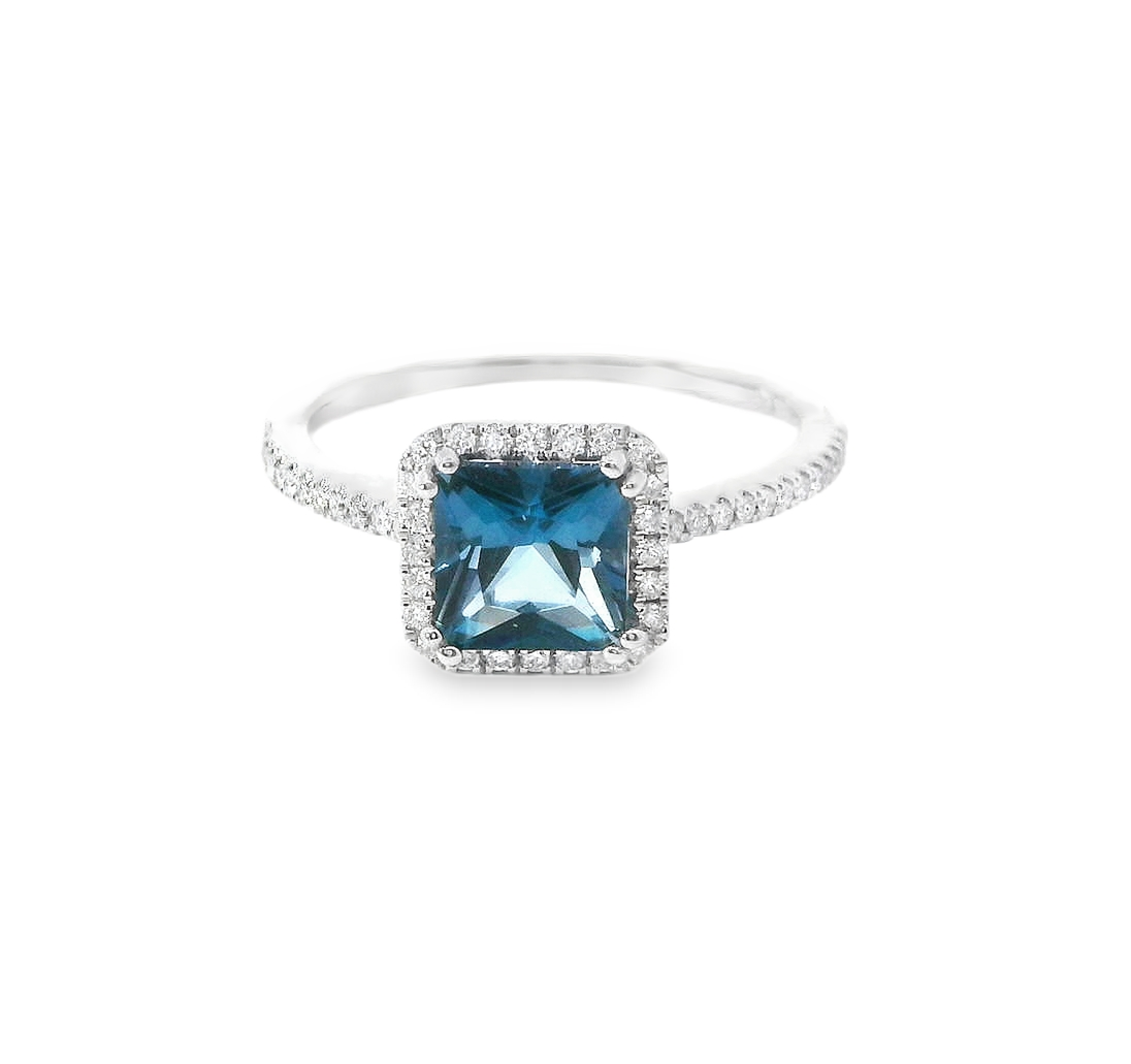 14K White Gold DIamond and London Blue Gemstone Ring