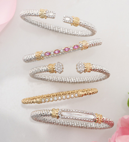 Vahan 14K Yellow Gold and Sterling Silver 4mm Pink Sapphire And Diamond Closed Bracelet