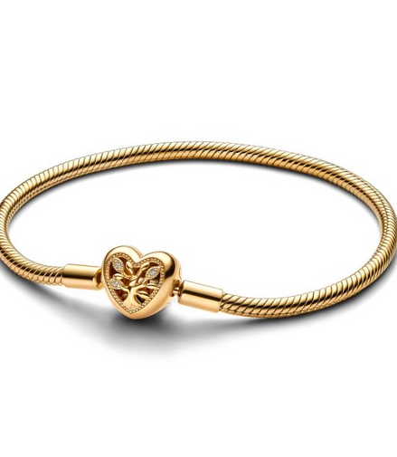 Pandora Moments Family Tree Heart Clasp Gold-Plated Snake Chain Bracelet Size 21