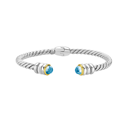 Phillip Gavriel Silver And 18K Blue Topaz Cable Hinge Open Cuff Bangle Bracelet