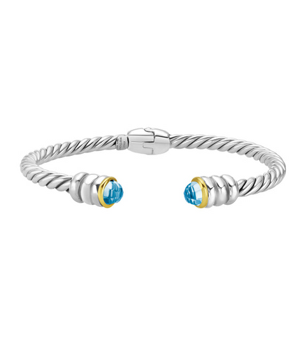 Phillip Gavriel Silver And 18K Blue Topaz Cable Hinge Open Cuff Bangle Bracelet