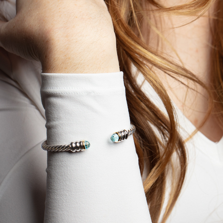 Phillip Gavriel Silver And 18K Blue Topaz Cable Hinge Open Cuff Bangle Bracelet