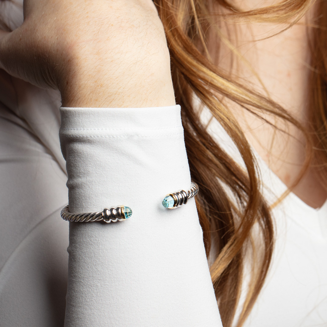Phillip Gavriel Silver And 18K Blue Topaz Cable Hinge Open Cuff Bangle Bracelet