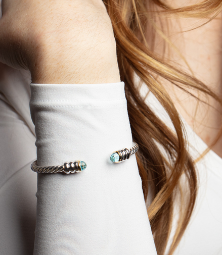 Phillip Gavriel Silver And 18K Blue Topaz Cable Hinge Open Cuff Bangle Bracelet