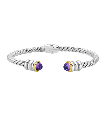 Phillip Gavriel Silver And 18K Amethyst Cable Hinge Open Cuff Bangle Bracelet