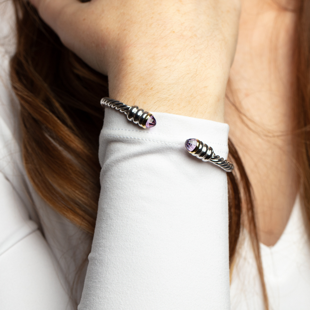 Phillip Gavriel Silver And 18K Amethyst Cable Hinge Open Cuff Bangle Bracelet