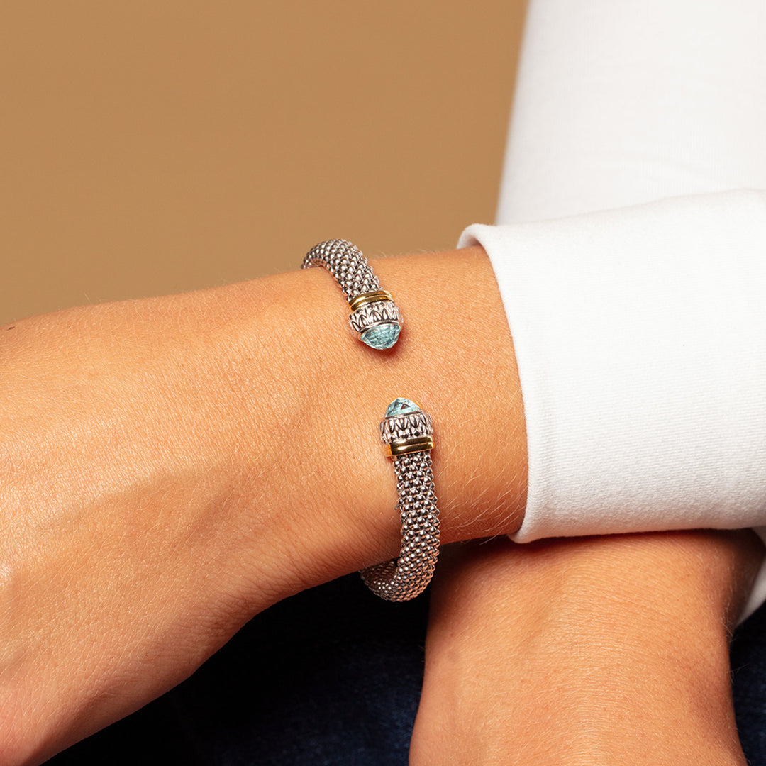 Phillip Gavriel Silver And 18K Gold  Blue Topaz Popcorn Renaissance Open Cuff Bangle Bracelet