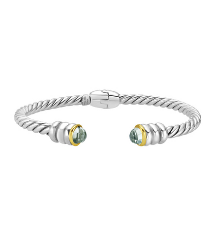 Phillip Gavriel Silver & 18K Gold Green Amethyst Cable Hinge Open Cuff  Bangle Bracelet