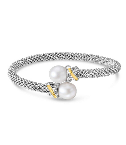 Phillip Gavriel Silver And 18K Gold Freshwater Pearl Popcorn Bypass X Bangle Bracelet