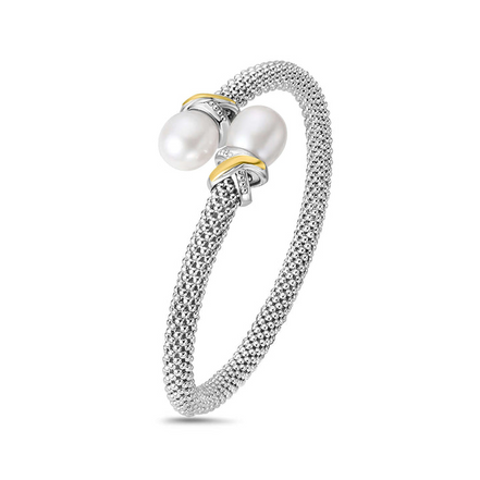 Phillip Gavriel Silver And 18K Gold Freshwater Pearl Popcorn Bypass X Bangle Bracelet