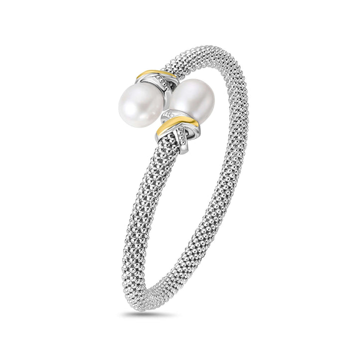 Phillip Gavriel Silver And 18K Gold Freshwater Pearl Popcorn Bypass X Bangle Bracelet