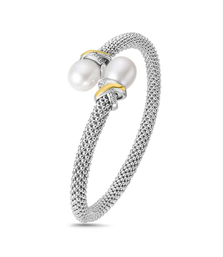 Phillip Gavriel Silver And 18K Gold Freshwater Pearl Popcorn Bypass X Bangle Bracelet
