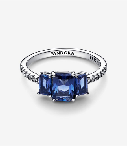Pandora Timeless Blue Rectangular Three Stone Sparkling Ring Size 7