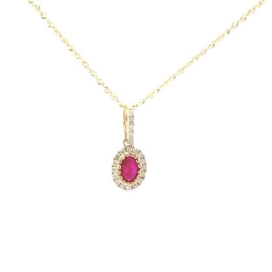 14k Yellow Gold Diamond And Ruby Oval Shaped Pendant With Chain