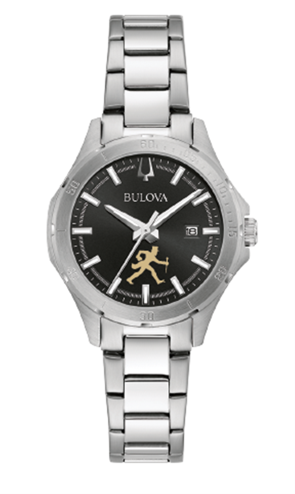 Bulova Ladies Wake Forest "Walking Deac" Stainless Steel And Black Dial Face Watch