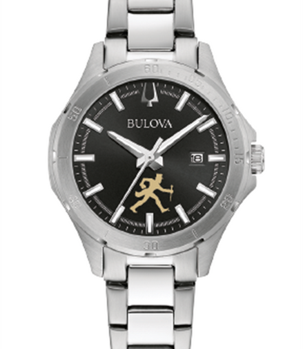 Bulova Ladies Wake Forest "Walking Deac" Stainless Steel And Black Dial Face Watch