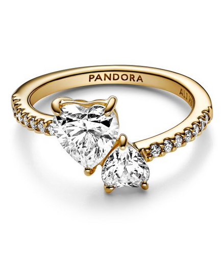 Pandora Timeless Gold Plated  Double Heart Sparkling Ring  Size 5