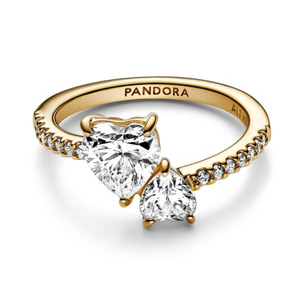 Pandora Timeless Gold Plated  Double Heart Sparkling Ring  Size 5