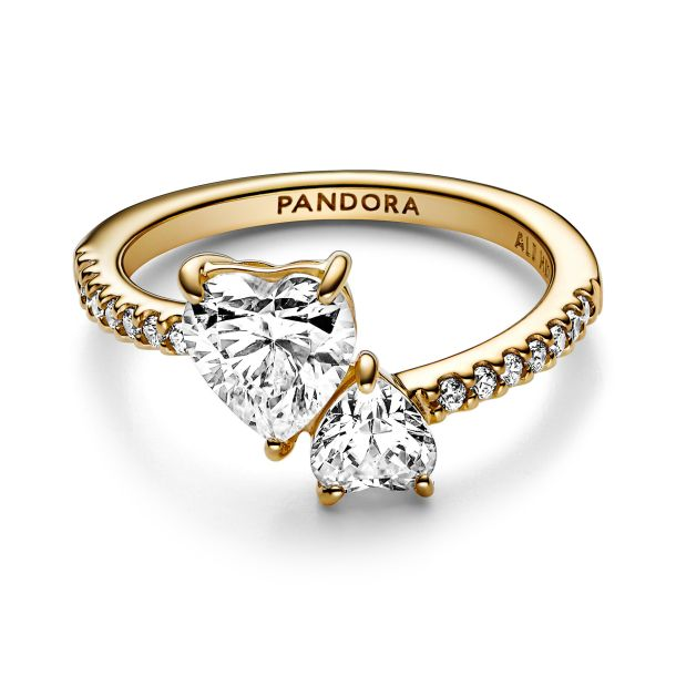 Pandora Timeless Gold Plated  Double Heart Sparkling Ring  Size 5