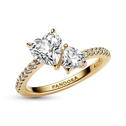 Pandora Timeless Gold Plated  Double Heart Sparkling Ring  Size 5