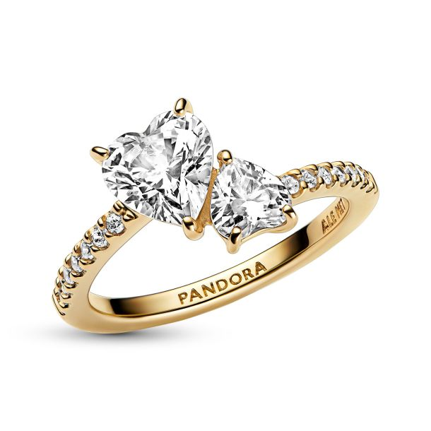 Pandora Timeless Gold Plated  Double Heart Sparkling Ring  Size 5
