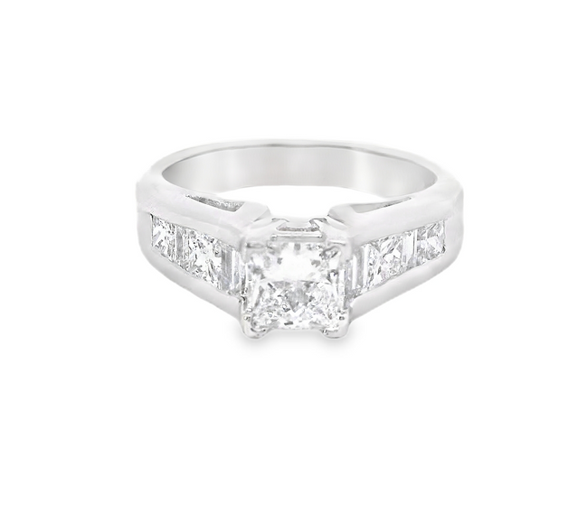 18K White Gold 1.30 CTW Diamond Princess Cut And Baguette Engagement Ring