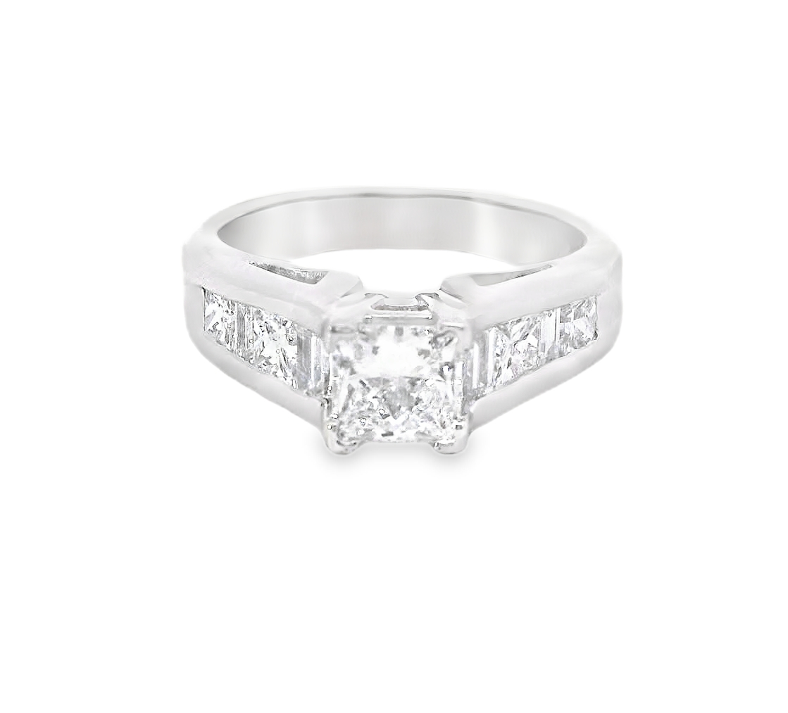18K White Gold 1.30 CTW Diamond Princess Cut And Baguette Engagement Ring