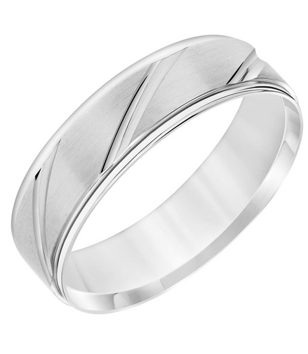 Men's 14k White Gold Engraved Diagonal Cut Wedding Band