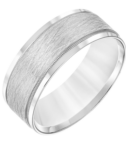 Fredrick Goldman 14K White Gold Flat Round Edge Carved Wedding Band