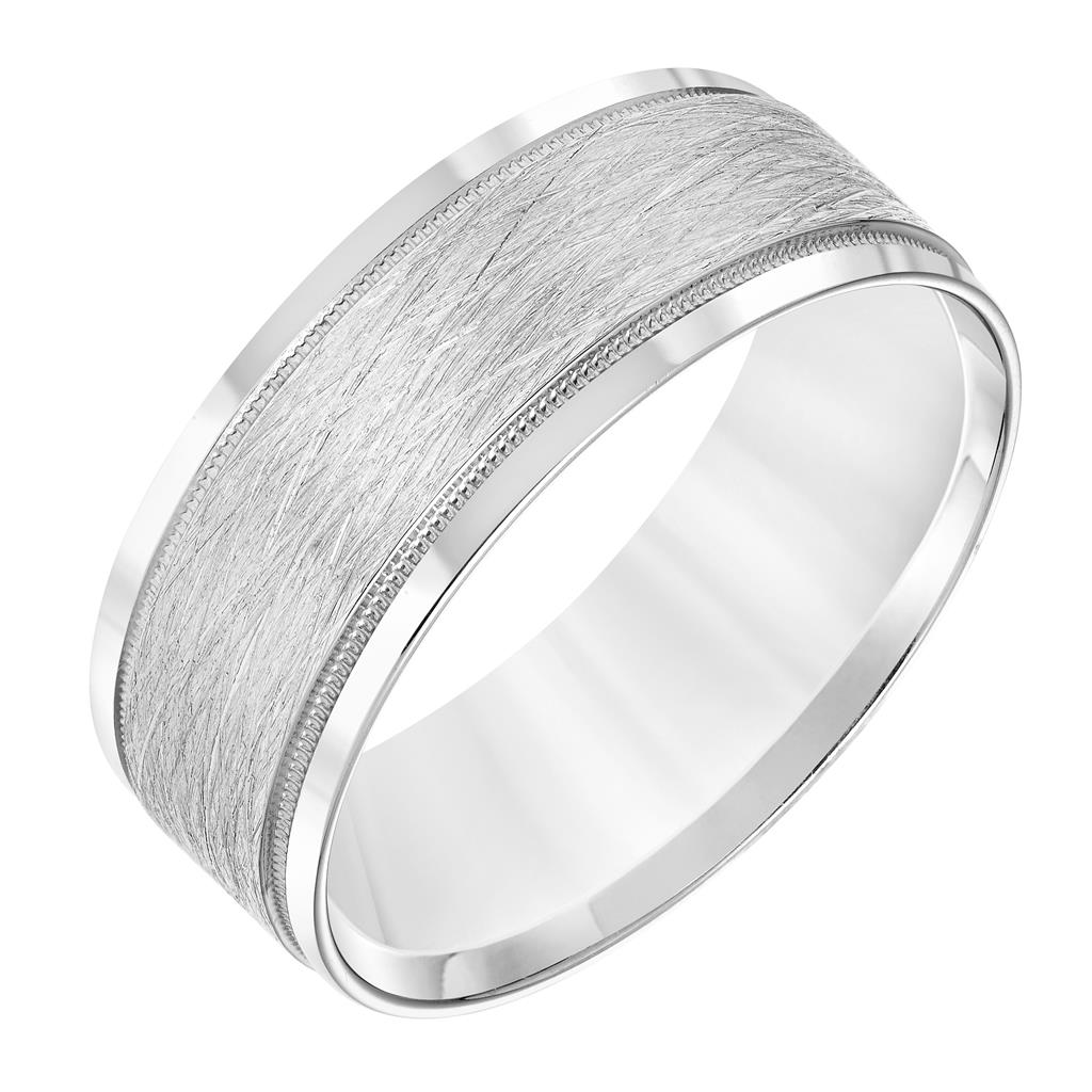 Fredrick Goldman 14K White Gold Flat Round Edge Carved Wedding Band