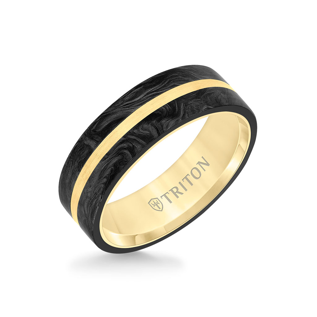 Triton 14K Yellow Gold Flat Edge Forged Carbon Wedding Band