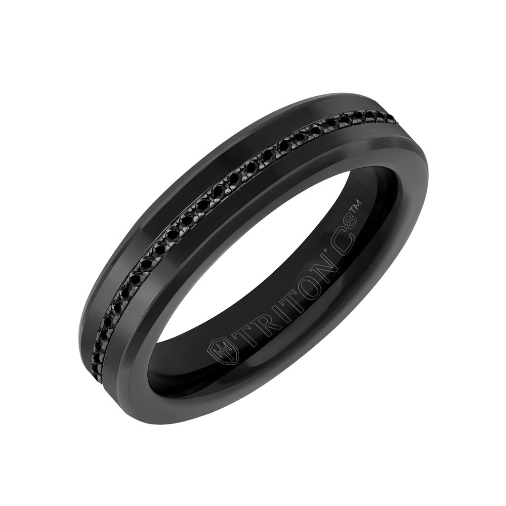Triton Black Tungsten Carbide Ring with Eternity Black Sapphires and Broken Edge Size 11