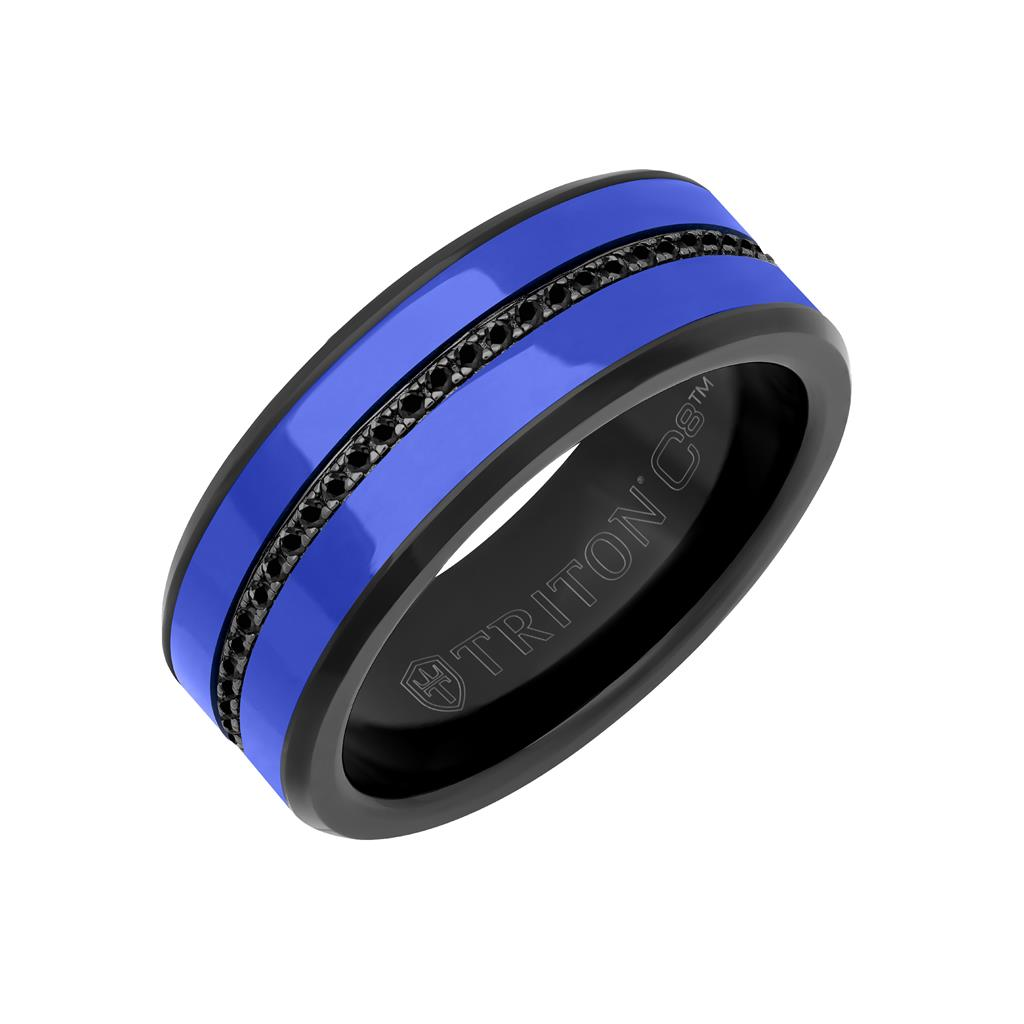 Triton Tungsten Carbide with Blue Ceramic Inlays and Black Sapphires Wedding Band Size 10