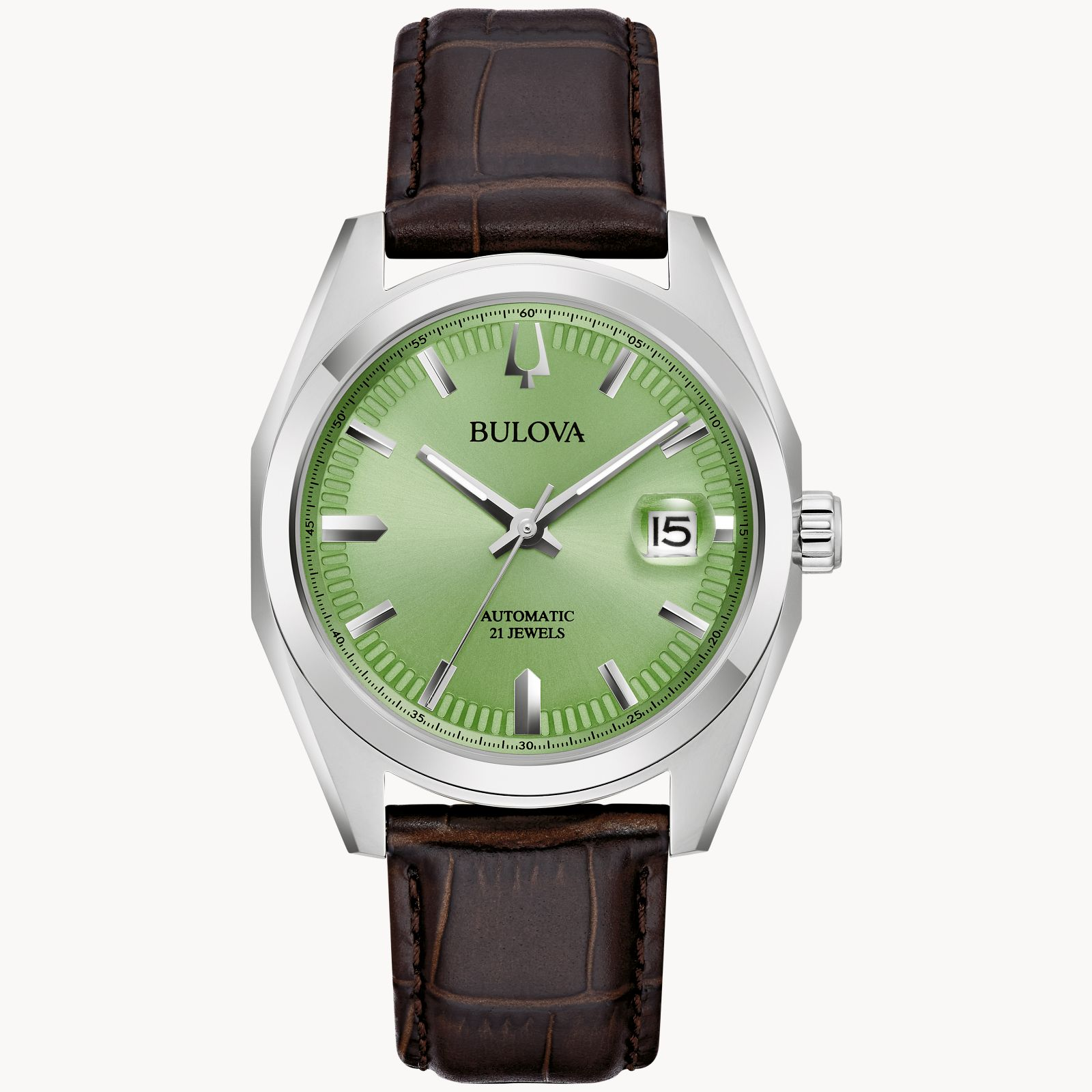 Bulova Surveyor Stainless Steel And Pistacio Green Dial Leather Strap Watch