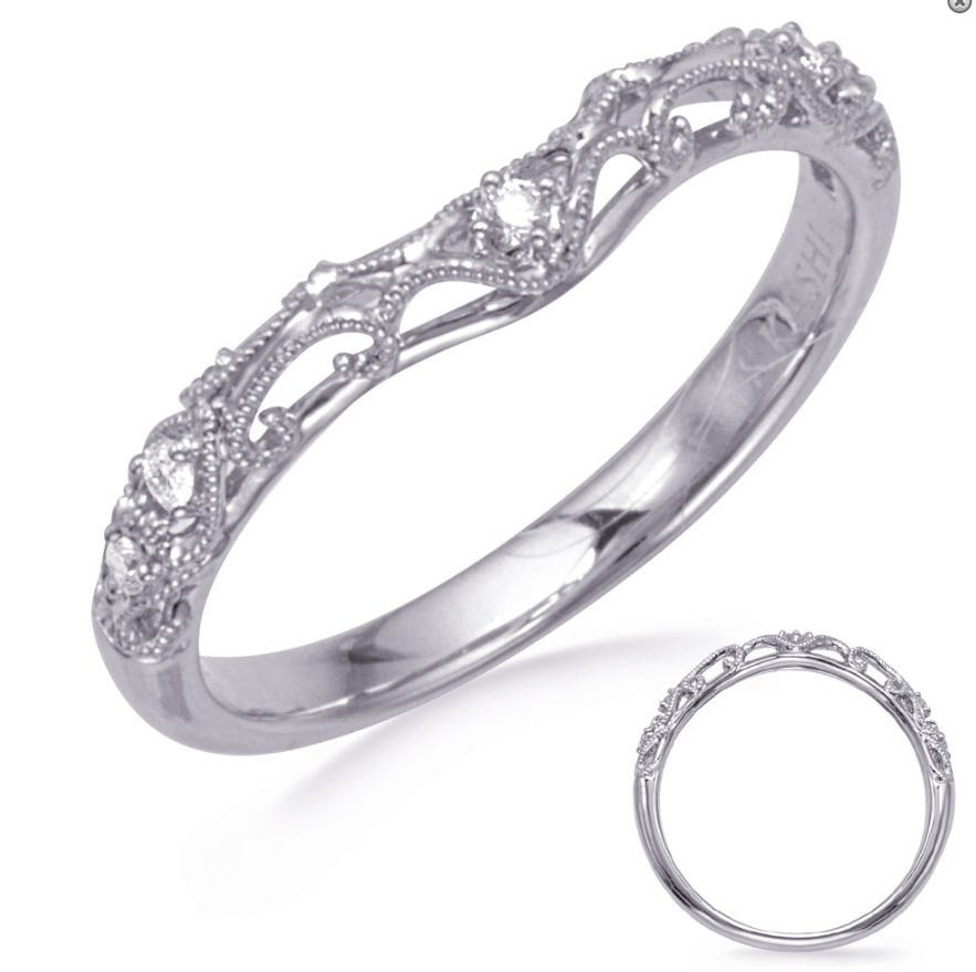 14K White Gold And Diamond Curved Web Miligrained Wedding Band