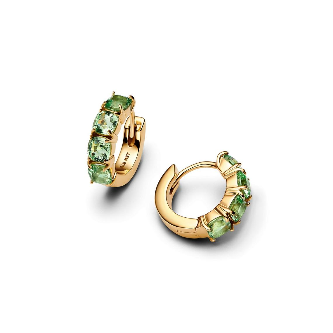 Pandora 14K Yellow Gold And Green Crystal Huggie Hoop Earrings