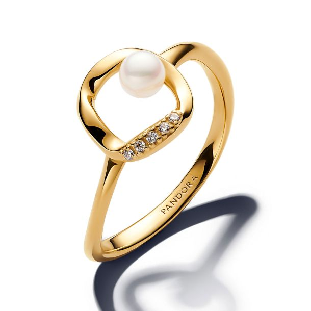 Pandora Essence Organically Shaped Pavé Circle &  Cultured Pearl Gold-Plated Ring Size 7