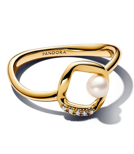 Pandora Essence 14K Gold-Plated Organically Shaped Pavé Circle &  Cultured Pearl Ring Size 7