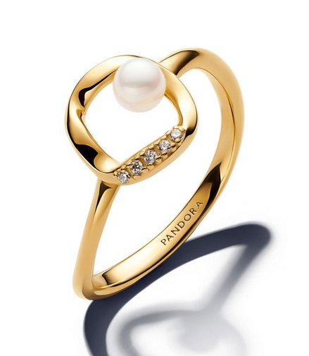 Pandora Essence 14K Gold-Plated Organically Shaped Pavé Circle & Cultured Pearl Ring Size 6