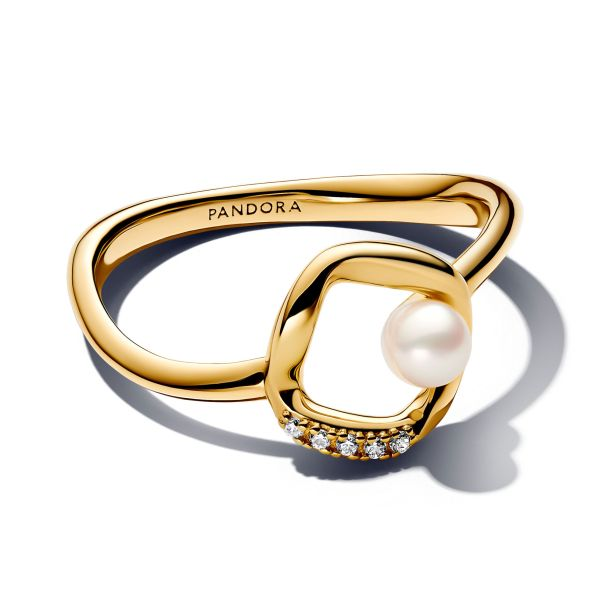 Pandora Essence 14K Gold-Plated Organically Shaped Pavé Circle & Cultured Pearl Ring Size 6