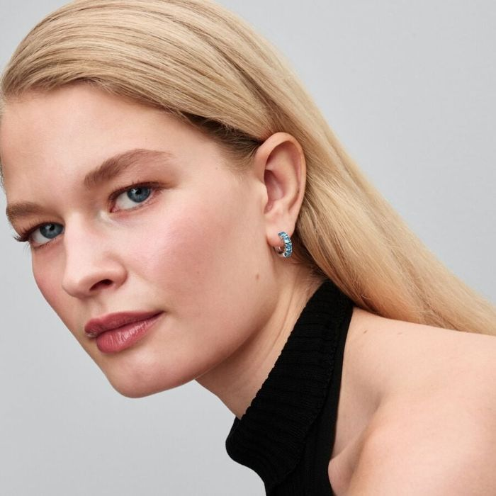 Pandora Sterling Silver Light Blue Stone Hoop Earrings