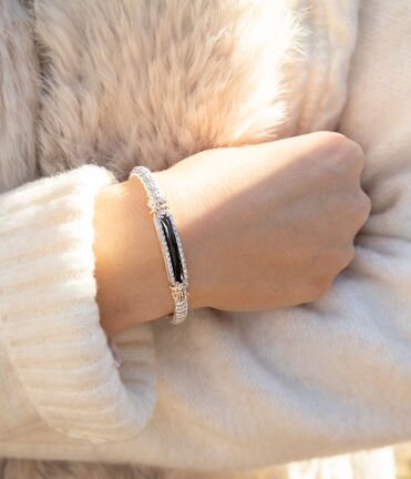 Vahan 14K Gold And Sterling Silver Black Onxy And Diamond 4mm Closed Bracelet