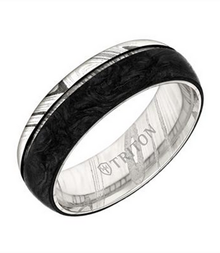 Triton Damascus Steel and Forged Carbon Flat Edge Contemporary Wedding Band
