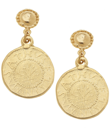 Susan Shaw Triple Gold Plated Greek Coin Dangle Earrings