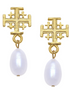 Susan Shaw Triple Gold Plated Jerusalem Cross Drop Pearl Earrings
