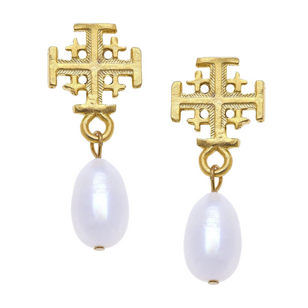 Susan Shaw Triple Gold Plated Jerusalem Cross Drop Pearl Earrings
